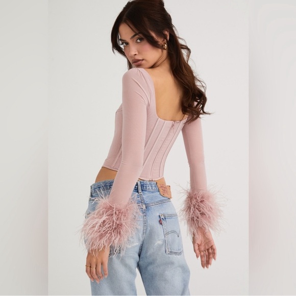 💥SOLD💥 House of CB Stella Blush Pink Mesh Feather Trimmed Corset Top Small - Picture 5 of 16